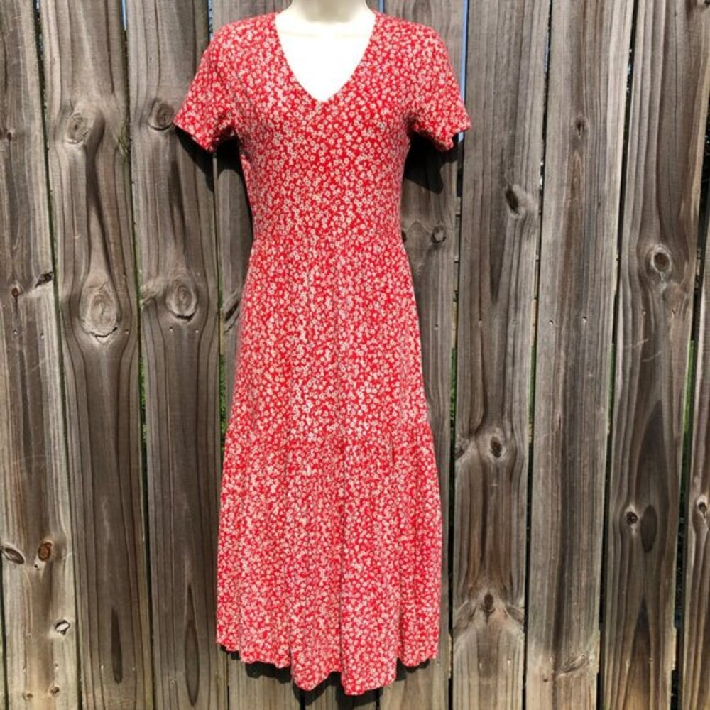 J. CREW XXS Ruffle Tiered Floral Midi Dress Red White Short Sleeve V Neck